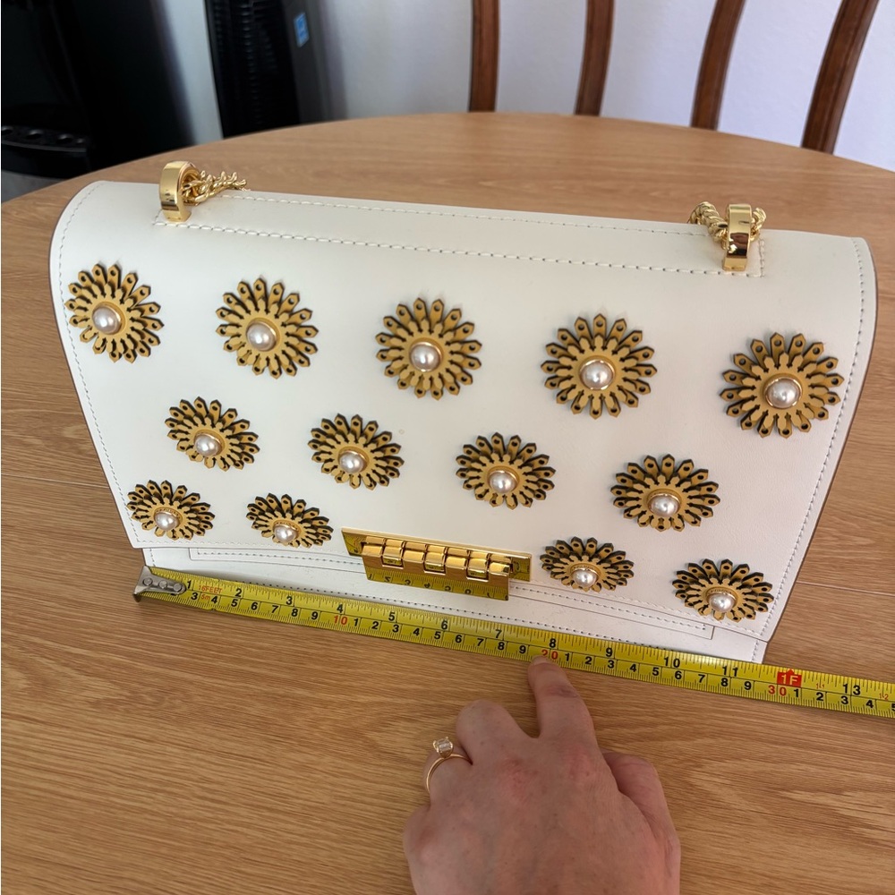 Zac Posen White Leather Shoulder Bag with Gold Floral Studs and Pearl Centers - Picture 8 of 11